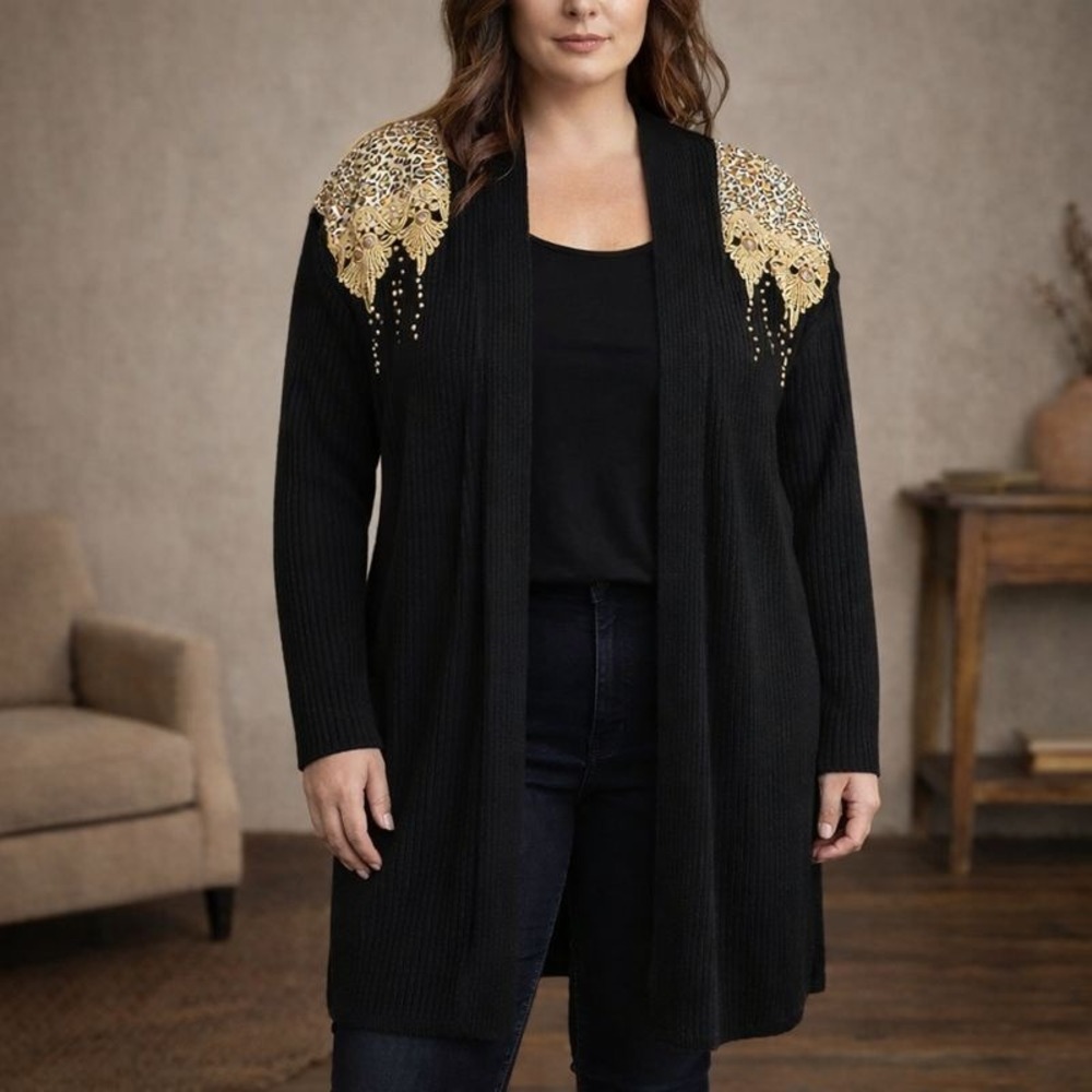 Vintage Black Cardigan Boho Western Glam Embellished Gold Studded Sweater‎